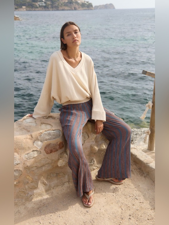 Pants - Free People S Free~est Bel Striped Flare Pants in Mocha Combo Cotton NWT NEW